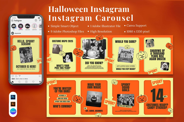 Halloween Instagram carousel & Canva Template