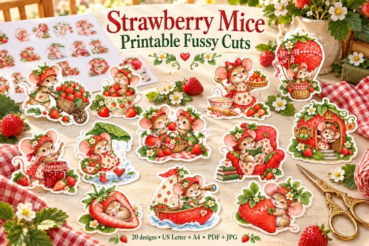 Mouse Fussy Cuts, Cute Printable Strawberry Stickers example image 1