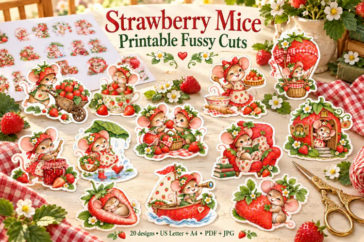 Mouse Fussy Cuts, Cute Printable Strawberry Stickers