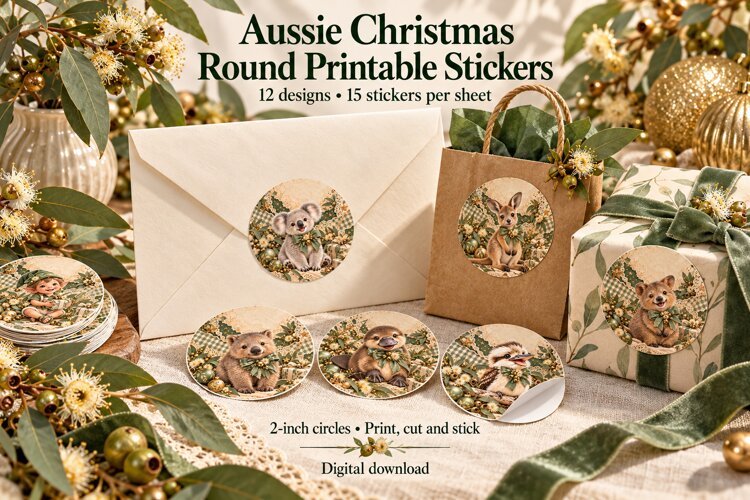 Aussie Christmas Printable Round Stickers example image 1