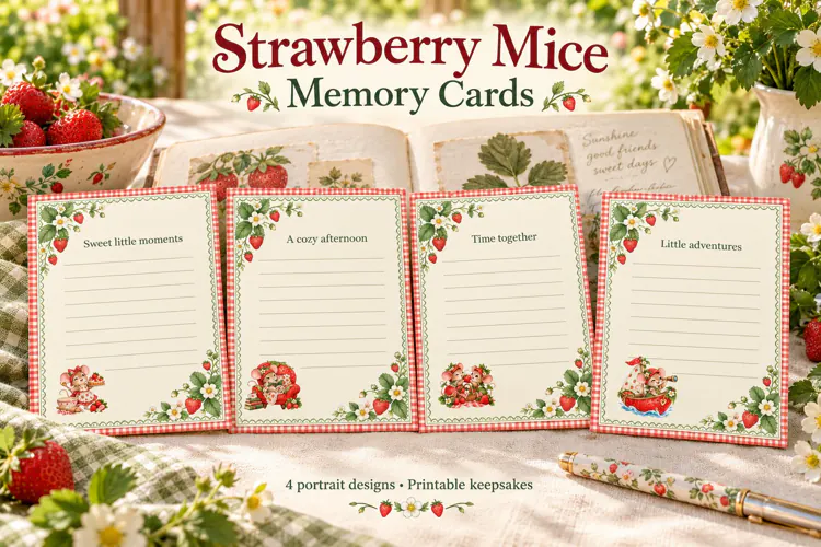 Printable Whimsical Strawberry Mouse Memory Journaling Cards