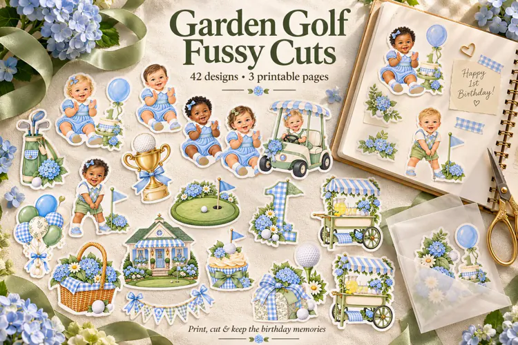 Golf Fussy Cuts, Printable First Birthday Stickers