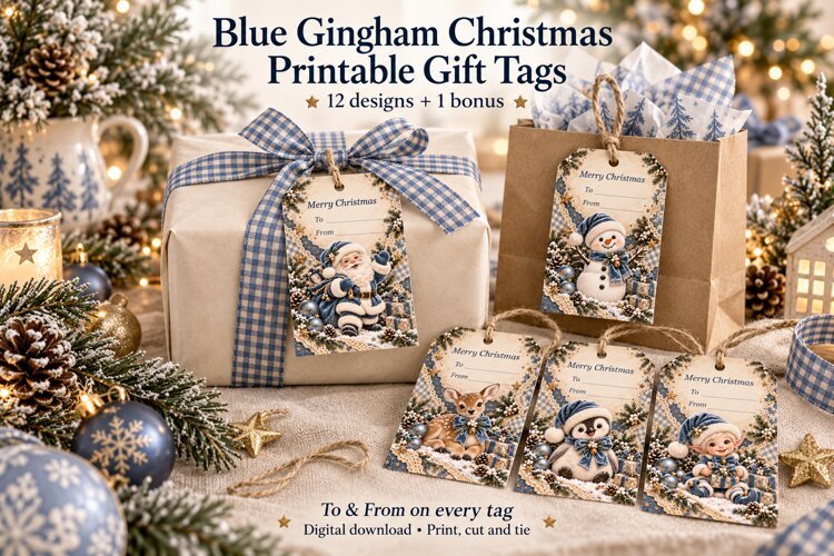 Blue Gingham Christmas Gift Tags example image 1