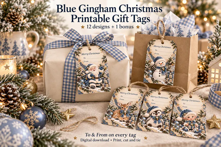 Blue Gingham Christmas Gift Tags