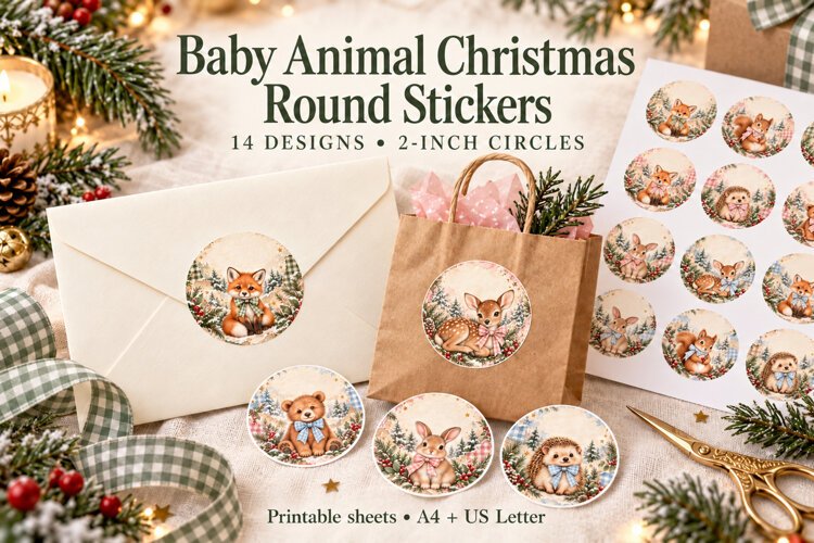 Baby Animal Christmas Round Stickers example image 1