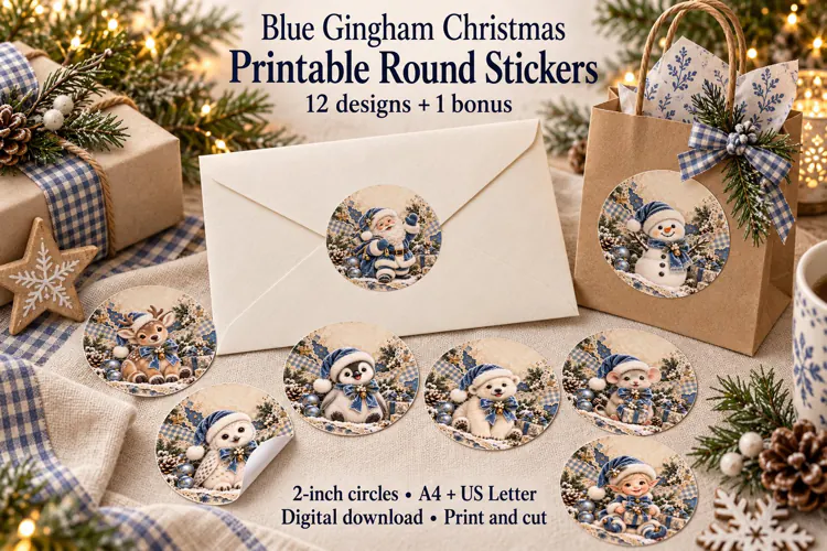 Blue Christmas Round Printable Stickers