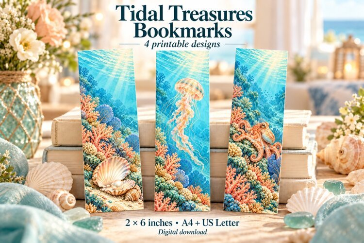 Shell and Jellyfish Printable Bookmarks example image 1