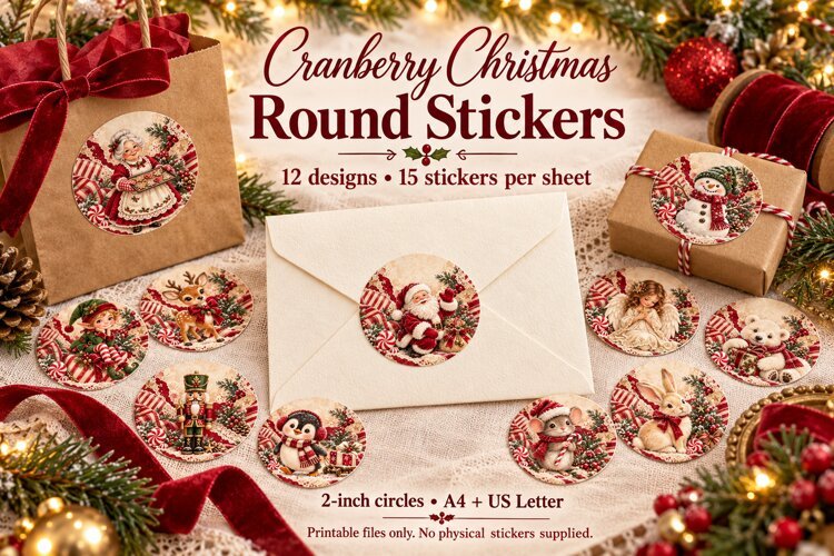 Printable Christmas Round Stickers - Cranberry Christmas example image 1