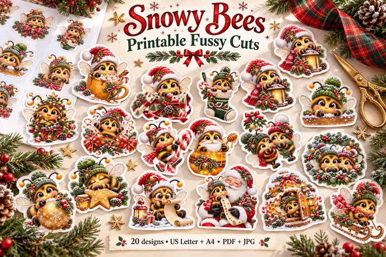 Snowy Bee Fussy Cuts, Printable Christmas Stickers