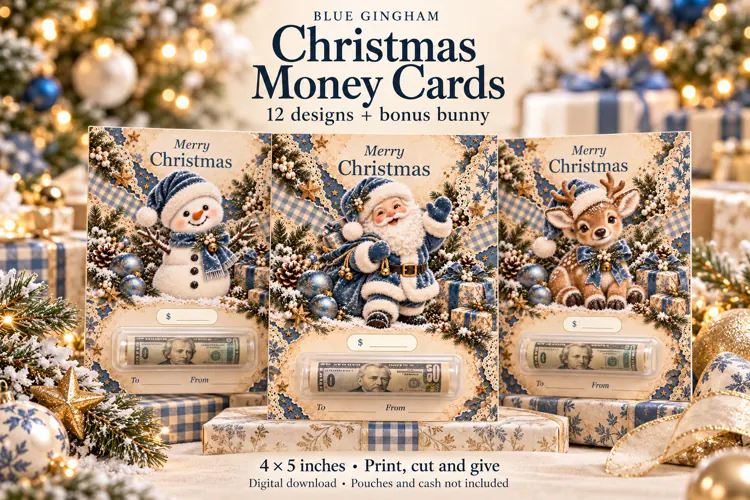 Blue Gingham Christmas Money Cards