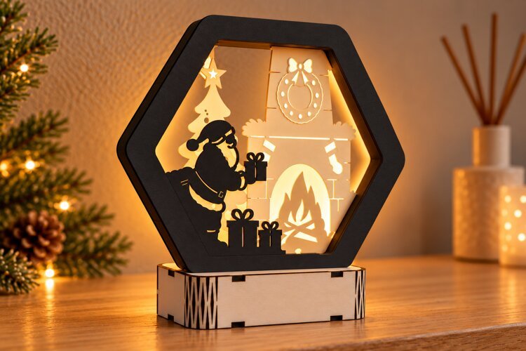 Christmas Santa Lamp SVG - Fireplace Scene Laser Cut Files