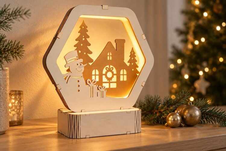 Christmas Snowman Lamp SVG - Cottage Scene Laser Cut Files