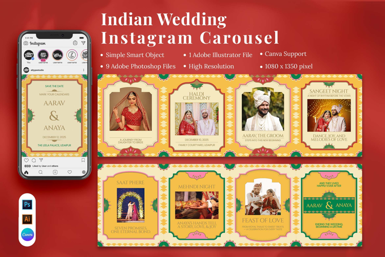 Indian Wedding Instagram Carousel & Canva Template