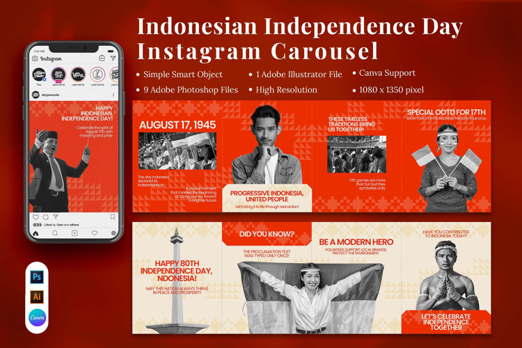 Indonesian Independence Day Instagram Carousel & Canva