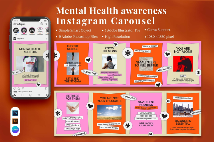 Mental Health awareness Instagram carousel & Canva Template