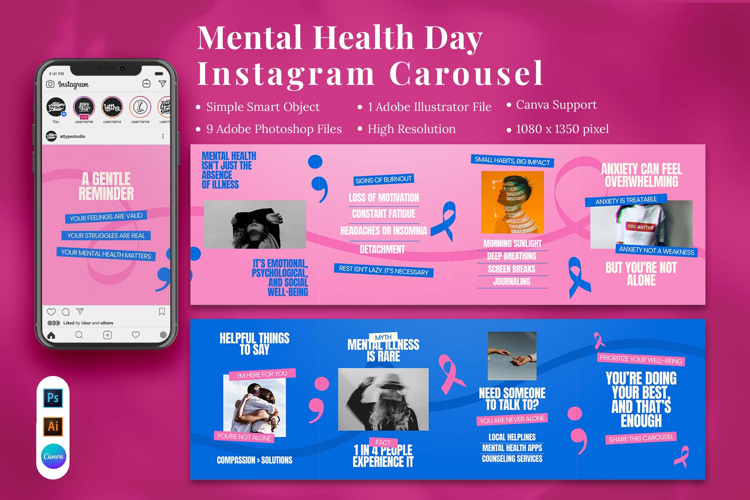 Mental Health Day Instagram Carousel & Canva Template