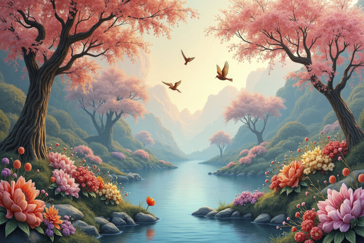 Painting Lake With Forest Background example image 1
