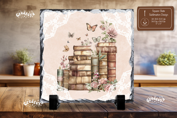 Book lover square slate sublimation Floral wall decor png