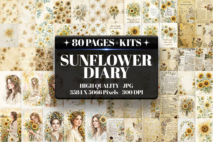 Sunflower Diary Digital Paper | Junk Journal Pages
