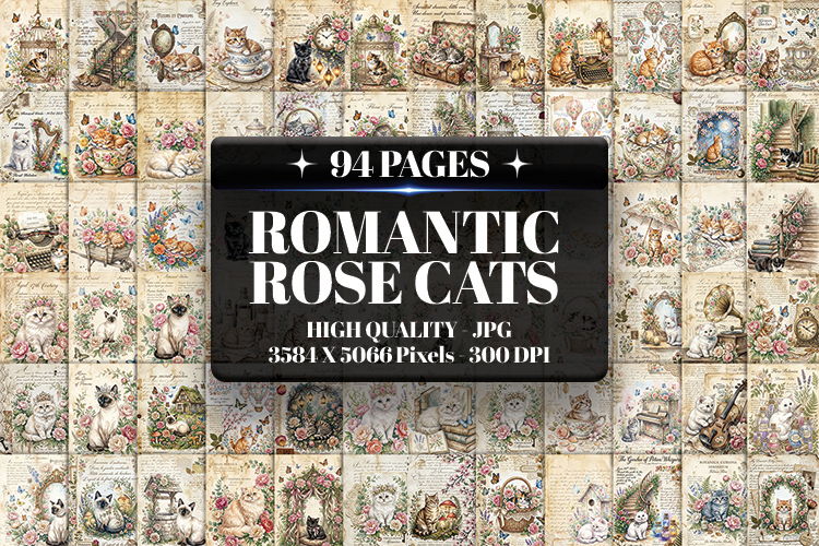 Romantic Rose Cats Digital Paper| Junk Journal Pages