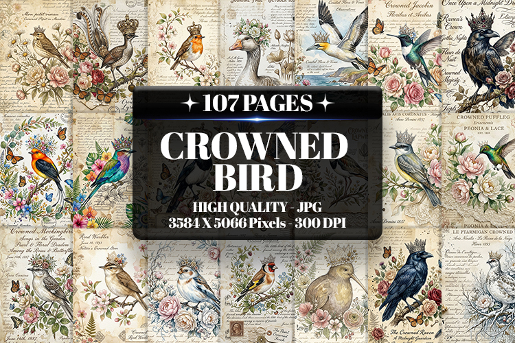 Crowned Bird Vintage Digital Paper | Journal JPG