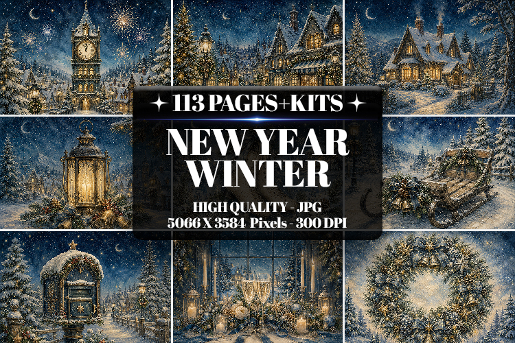 New Year Winter Digital Paper | Junk Journal Pages