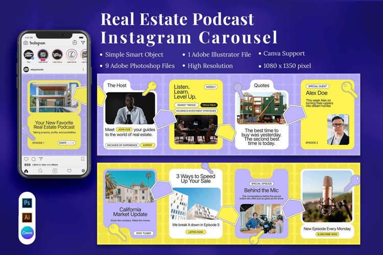 Real Estate Podcast Instagram Carousel & Canva Template