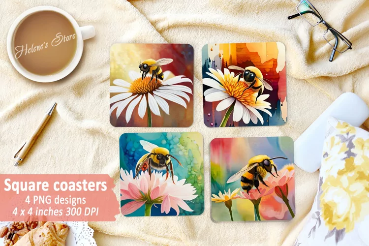 Watercolor floral | Bee and flower Square Coaster Coasters
