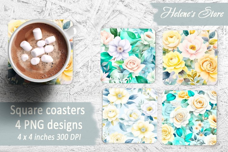 Floral Square Coasters | Pastel flowers Sublimation Coaster example image 1