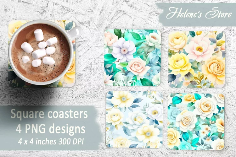 Floral Square Coasters | Pastel flowers Sublimation Coaster
