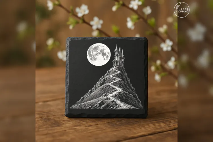 The Moonlit Ascent Haunted House Laser Engraving PNG