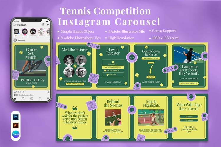 Tennis Competition Instagram carousel & Canva Template