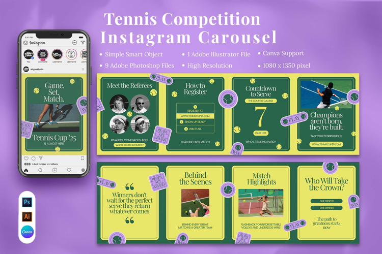 Tennis Competition Instagram carousel & Canva Template