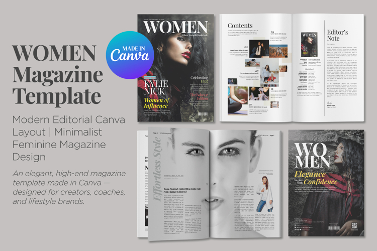 WOMEN Magazine Template | Modern Editorial Canva Layout