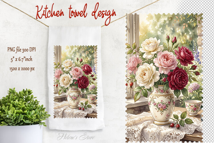 Cute Roses bouquet design | Farmhouse kitchen towel png example image 1