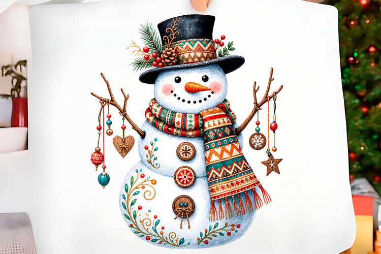 Whimsical Folk Art Snowman Christmas PNG Christmas T-shirt P example image 1