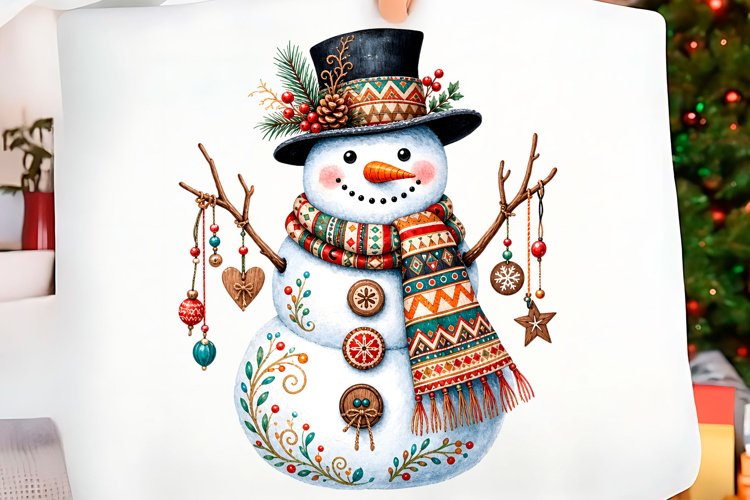 Whimsical Folk Art Snowman Christmas PNG Christmas T-shirt P