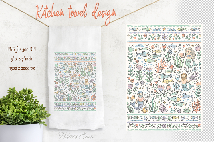 Funny Ocean life| Cute folk floral pattern kitchen towel png