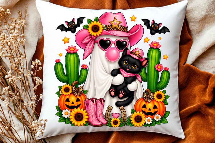 Cute Halloween ghost cowgirl with black cat and pumpkin