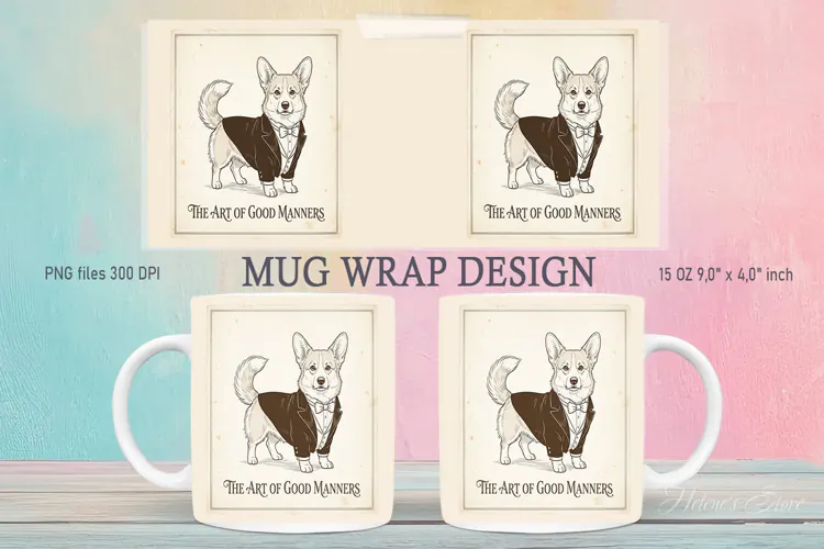 Corgi Gentlemen Dog mug wrap sublimation 15 oz|British Style