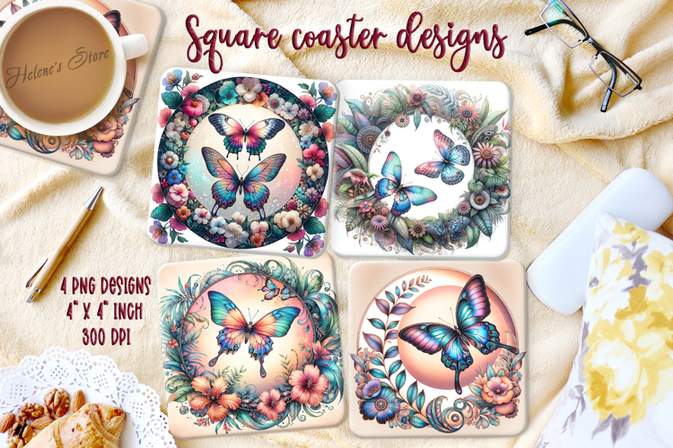 Fantasy butterfly on floral frame square coaster design png