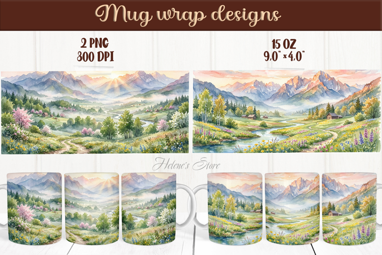 Mountains mug wrap sublimation | Spring camping mug wrap png