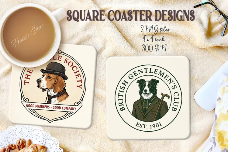 Vintage Gentlemen Dog square coasters sublimation design png