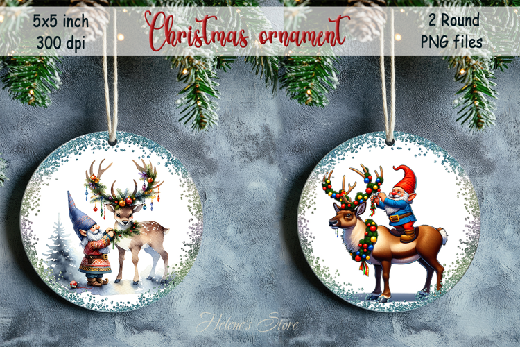 Funny gnome and deer round ornament sublimation designs png