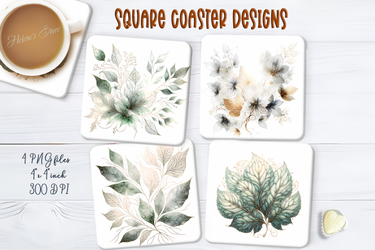 Beautiful Green leaves square coasters png | Luxury floral