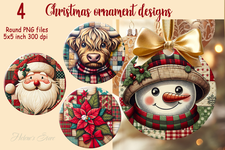 Christmas patchwork round ornament sublimation designs PNG