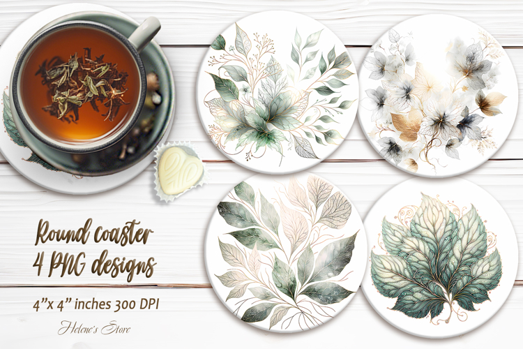 Watercolor Green Leaves round coaster sublimation designs
