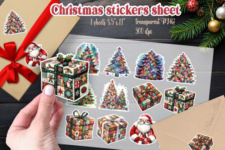 Christmas tree patchwork gifts printables stickers sheet png