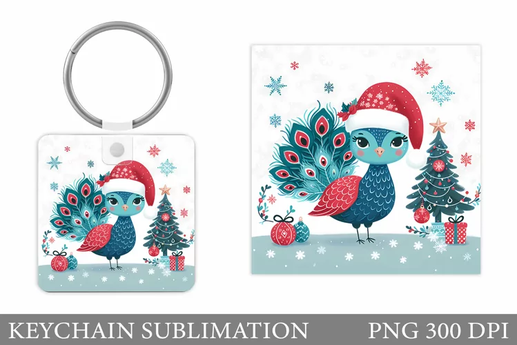 Christmas Peacock Keychain. Christmas Keychain Sublimation