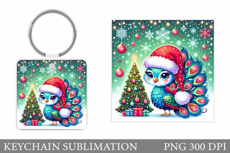 Christmas Peacock Keychain. Christmas Keychain Sublimation
